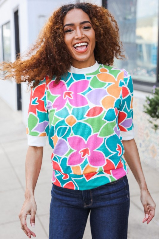 Spring Vibes Multicolor Floral Rib Back Bow Tie Detail Top