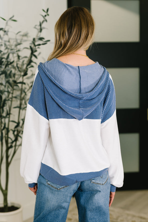 Here For Now Color Block Hoodie in Blue