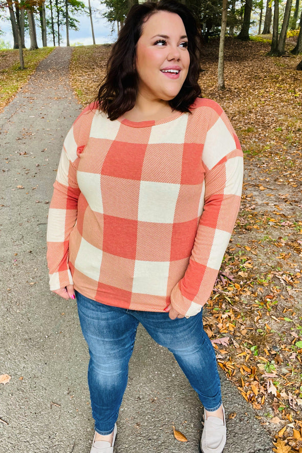 Haptics Give You Joy Rust Checker Plaid French Terry Top