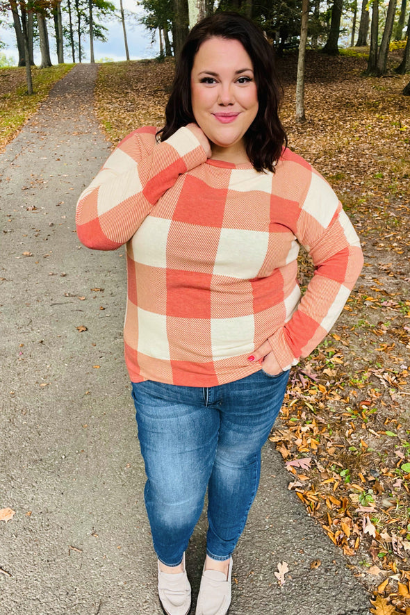 Haptics Give You Joy Rust Checker Plaid French Terry Top