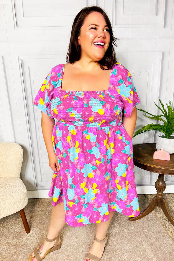 Vacay Vibes Fuchsia Floral Print Fit & Flare Smocked Dress