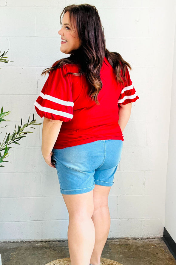 Stand Out Red "TOUCHDOWN" Sequin Bubble Sleeve Game Day Top