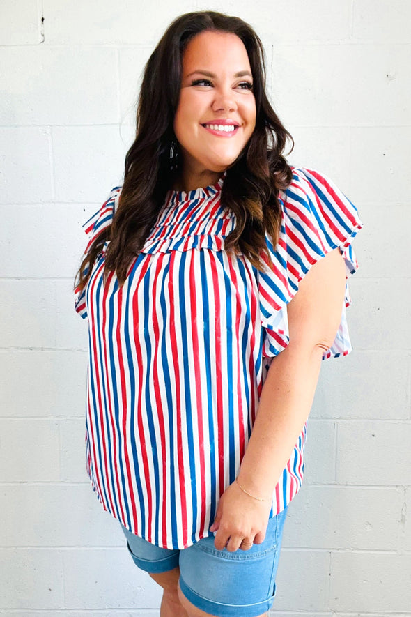 American Red White & Blue Stripe Shirred Yoke Neck Top