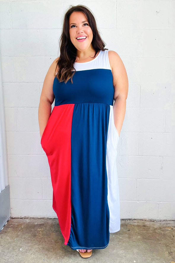 Patriotic Color Block Fit & Flare Maxi Dress