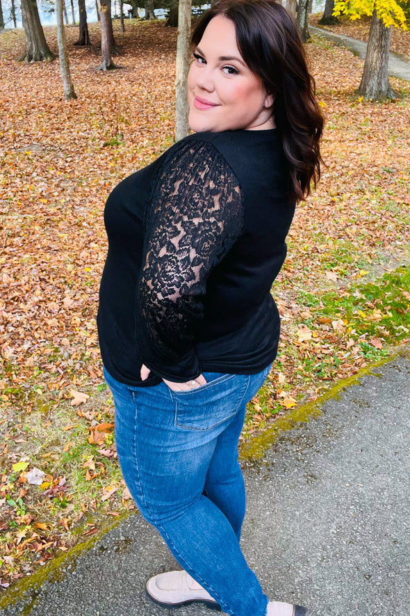 Black Hacci Floral Lace Bubble Sleeve Sweater