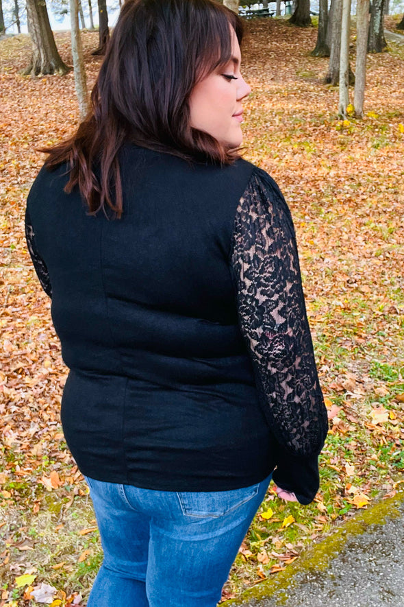 Black Hacci Floral Lace Bubble Sleeve Sweater