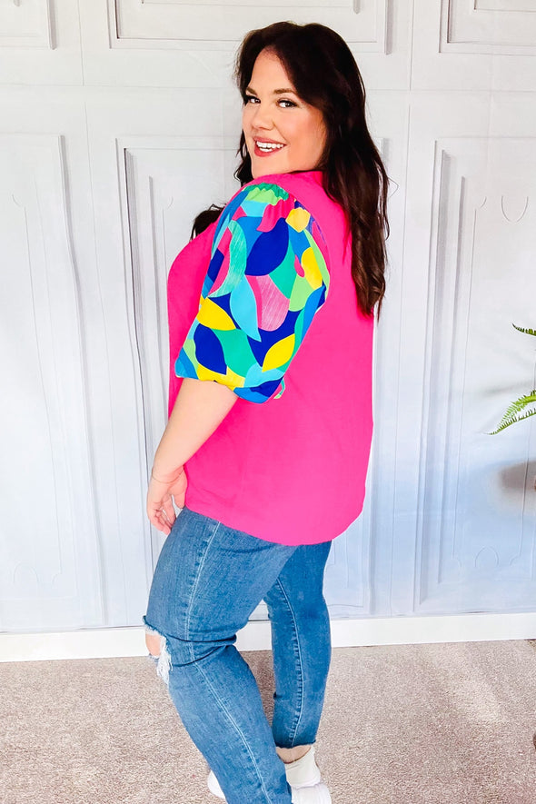 Tell Your Story Fuchsia Geo Print Puff Sleeve V Neck Top