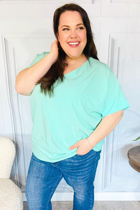 Weekend Ready Mint Drop Shoulder V Neck Woven Top