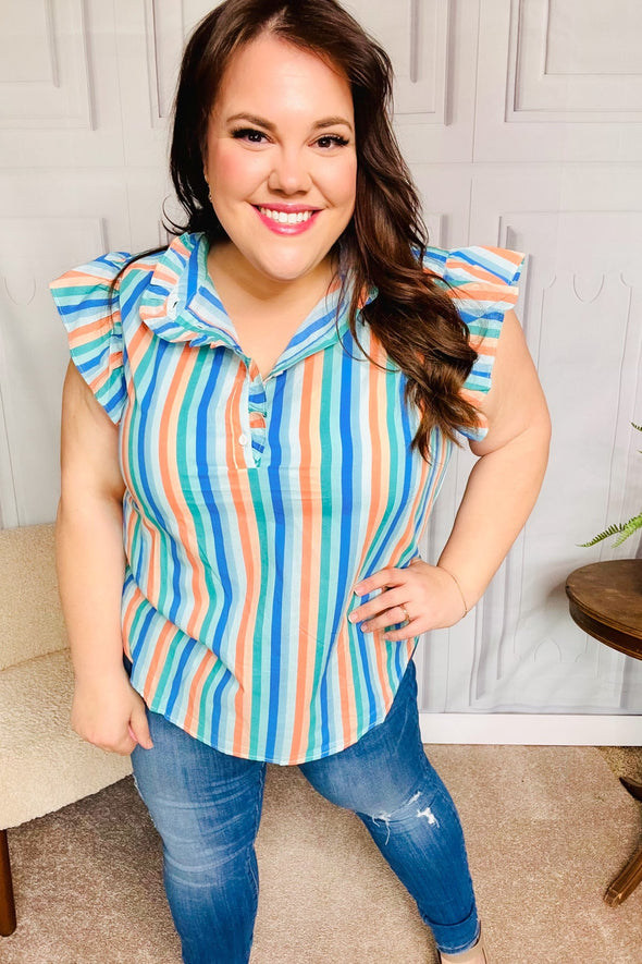 Happy Thoughts Sky Blue Striped Frill Button Down Top