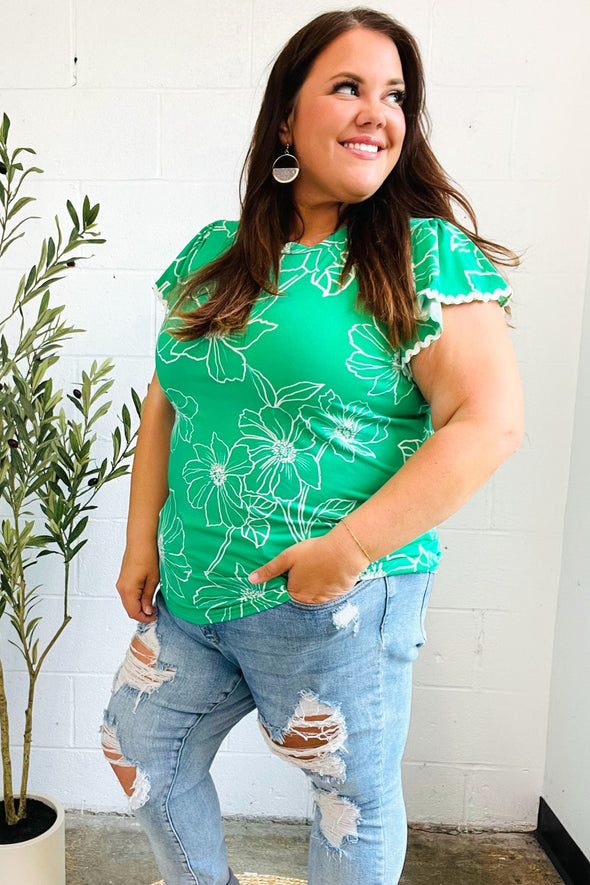 Follow Me Emerald Floral Ric Rac Trim Flutter Sleeve Top