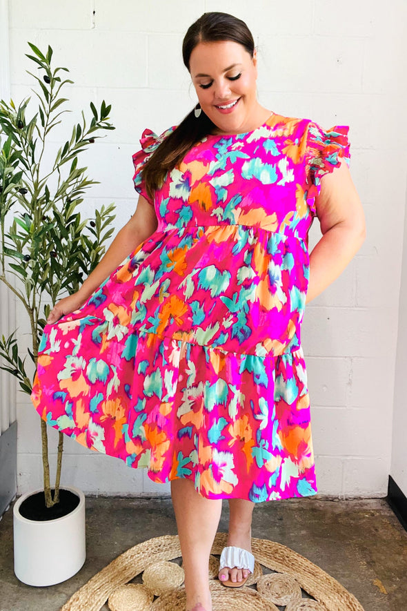 Look Of Love Fuchsia Abstract Floral Print Smocked Ruffle Sleeve Dress