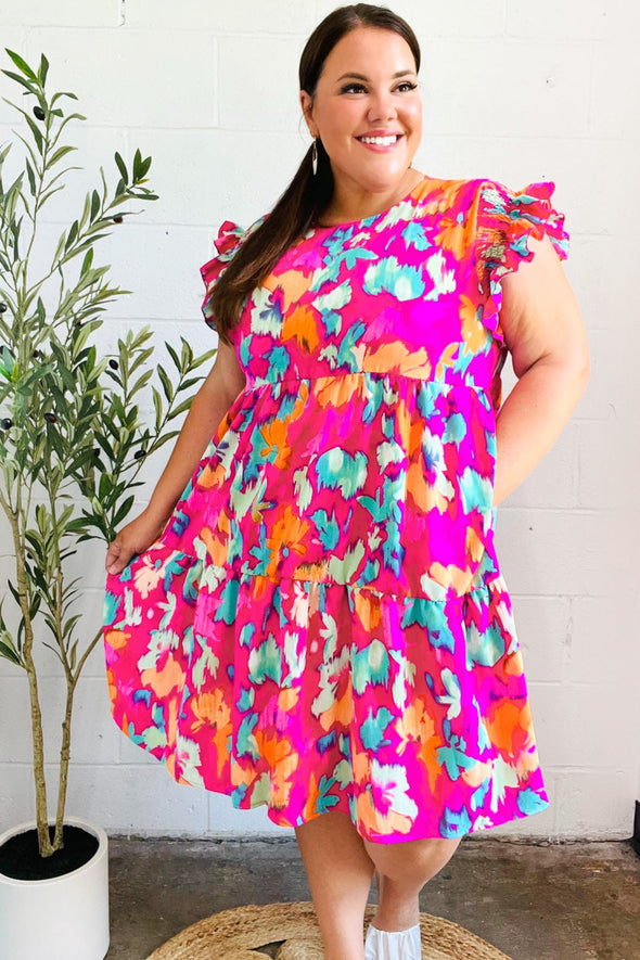 Look Of Love Fuchsia Abstract Floral Print Smocked Ruffle Sleeve Dress