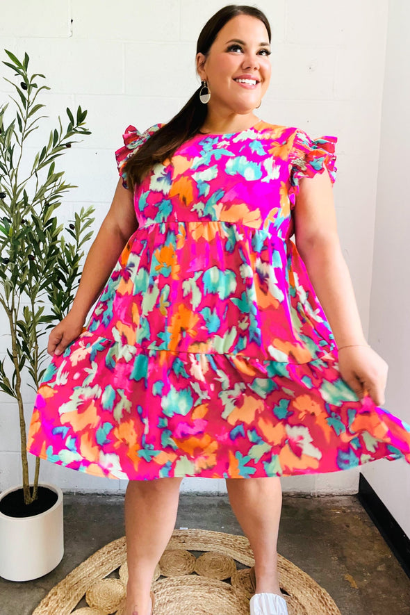 Look Of Love Fuchsia Abstract Floral Print Smocked Ruffle Sleeve Dress