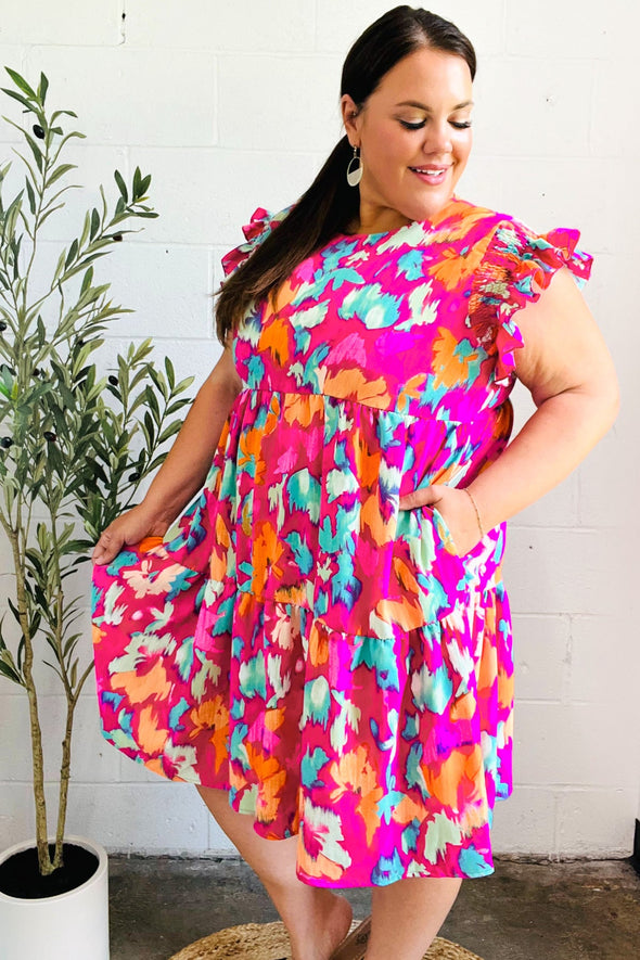 Look Of Love Fuchsia Abstract Floral Print Smocked Ruffle Sleeve Dress