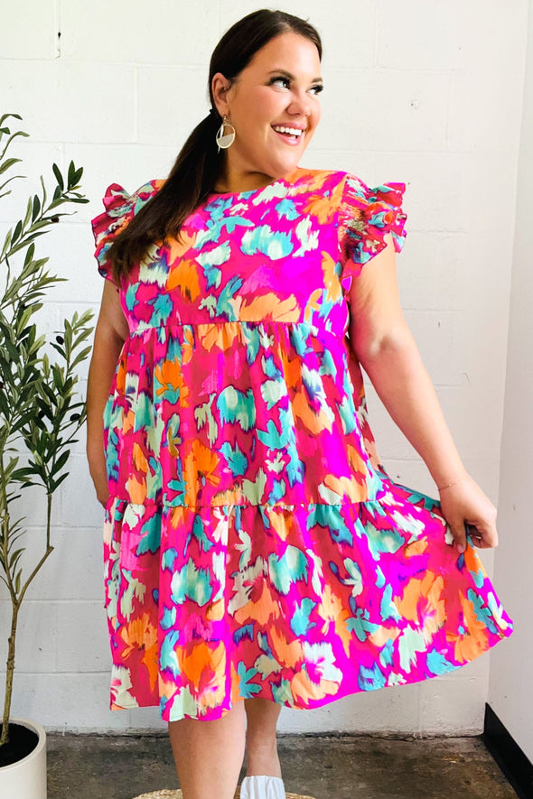 Look Of Love Fuchsia Abstract Floral Print Smocked Ruffle Sleeve Dress