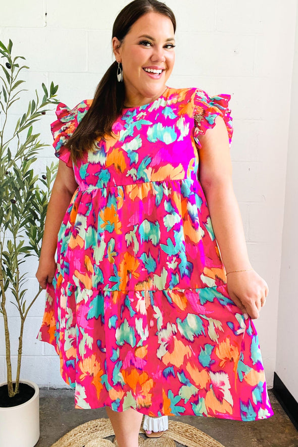 Look Of Love Fuchsia Abstract Floral Print Smocked Ruffle Sleeve Dress