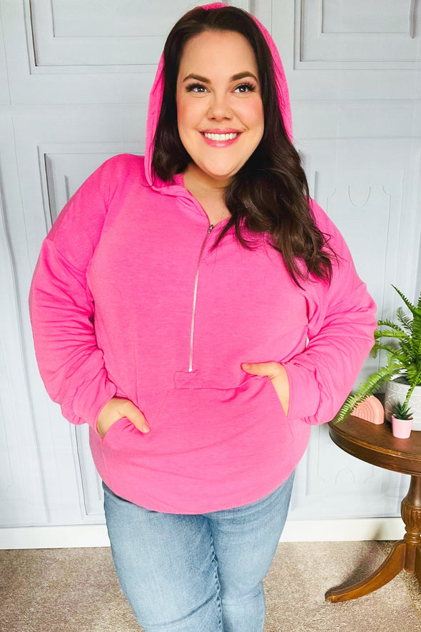 Ready To Relax Hot Pink Half Zip French Terry Hoodie