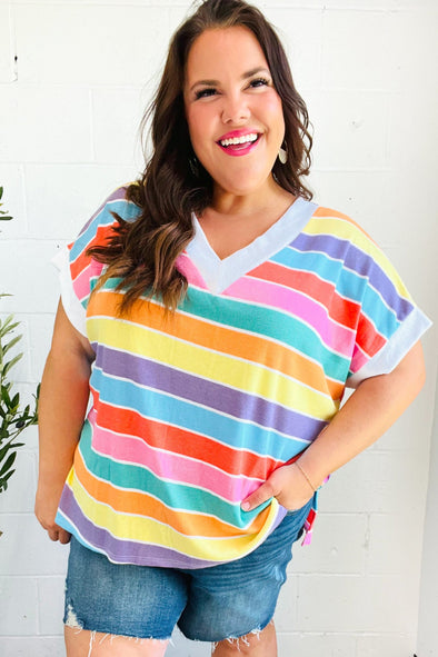 Seize The Day Rainbow Striped V Neck Drop Shoulder Thermal Knit Top