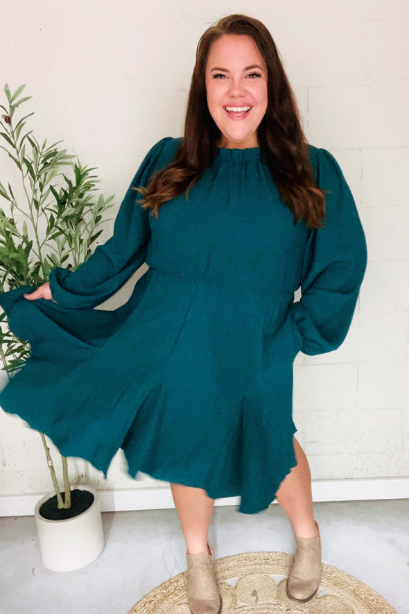 Love Found Hunter Green Mock Neck Godet Woven Dress