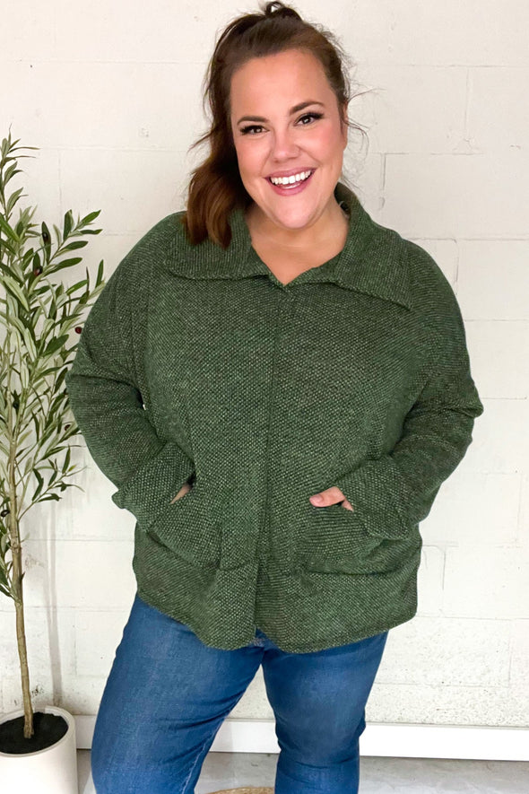 Easy Living Olive Textured Knit Notch Neck Oversized Collar Sweater