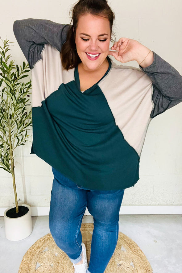 Stand Out Hunter Green V Neck Raglan Color Block Outseam Top