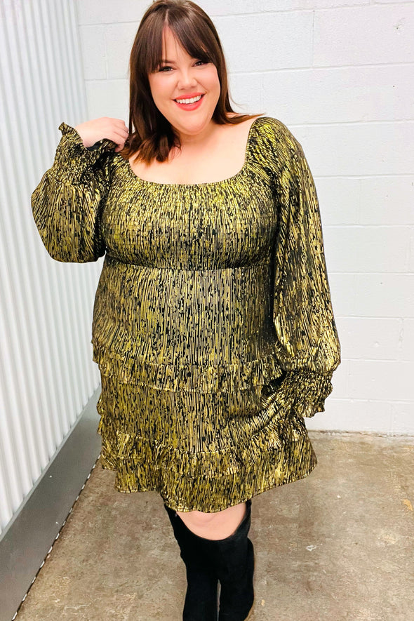 Dazzling Black Gold Foiled Smocked Fit & Flare Dress Broadway & Arthur Boutique Dazzling Black Gold Foiled Smocked Fit & Flare Dress Broadway & Arthur Boutique