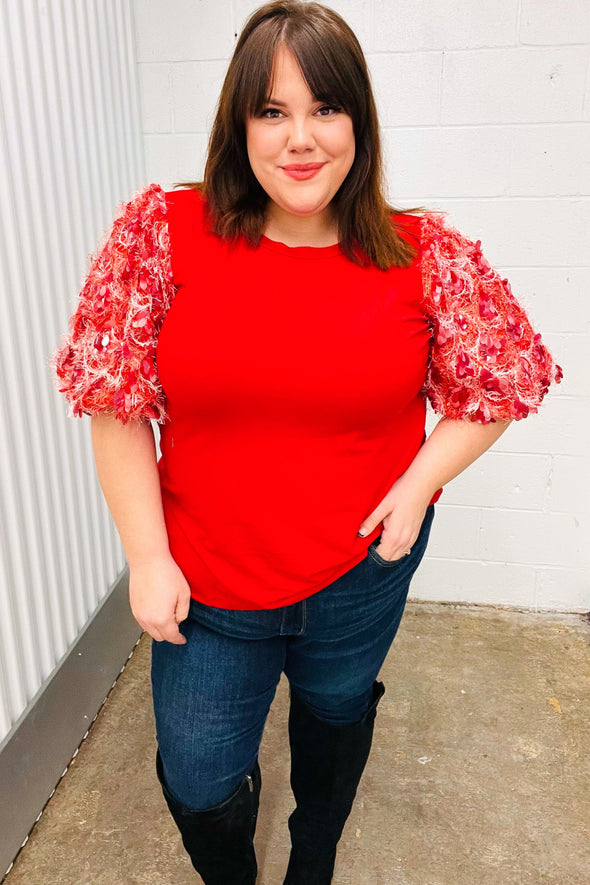 Come To Me Red Sequin Puff Short Sleeve Top