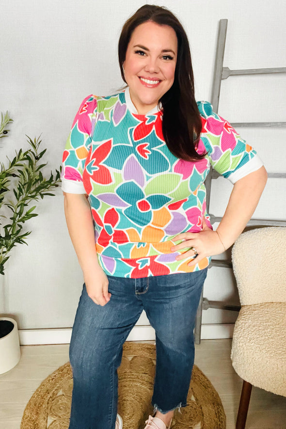 Spring Vibes Multicolor Floral Rib Back Bow Tie Detail Top