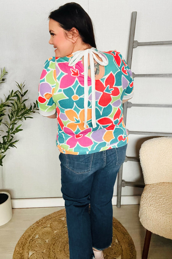 Spring Vibes Multicolor Floral Rib Back Bow Tie Detail Top