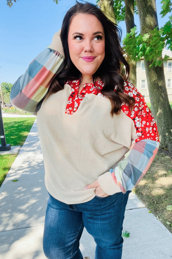 Rust & Oatmeal Plaid Floral Color Block Notch Neck Top