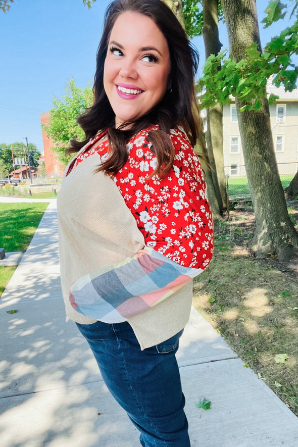 Rust & Oatmeal Plaid Floral Color Block Notch Neck Top