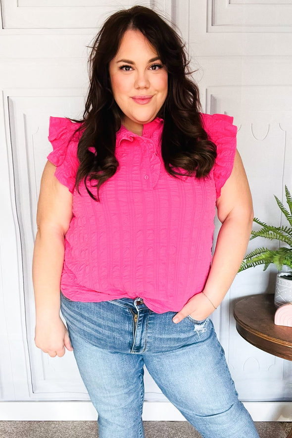 Glamorous In Hot Pink Textured Ruffle Mock Neck Button Down Top