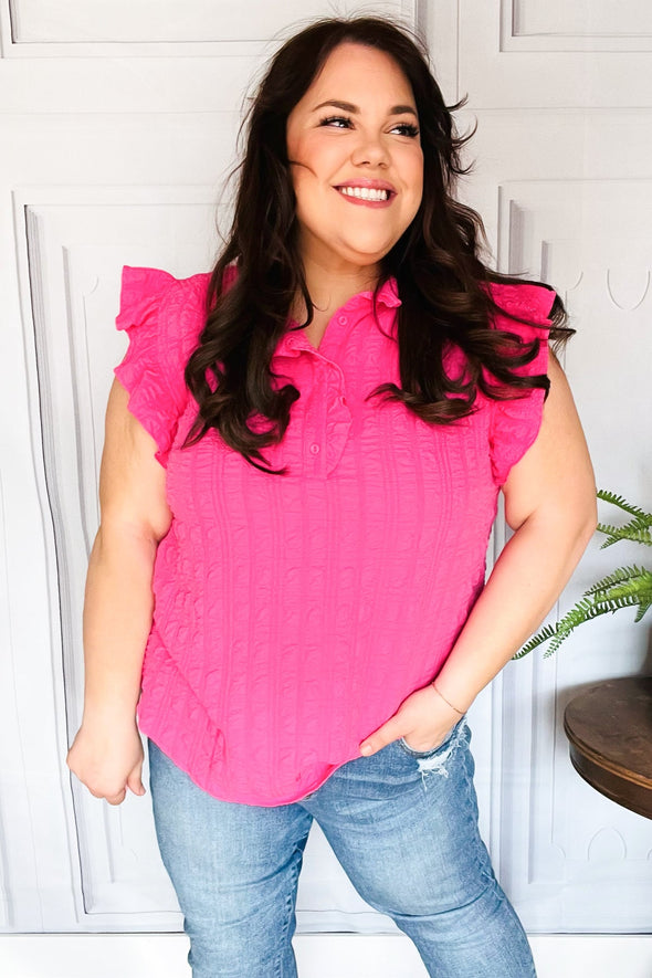 Glamorous In Hot Pink Textured Ruffle Mock Neck Button Down Top