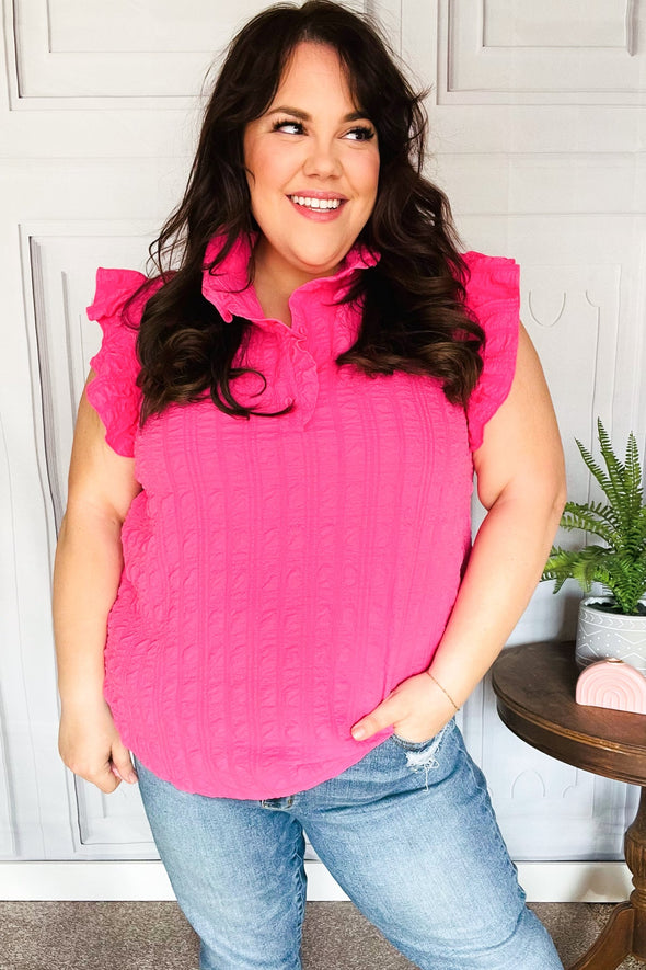 Glamorous In Hot Pink Textured Ruffle Mock Neck Button Down Top