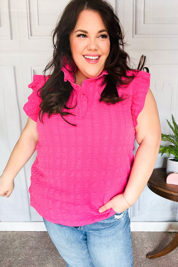 Glamorous In Hot Pink Textured Ruffle Mock Neck Button Down Top