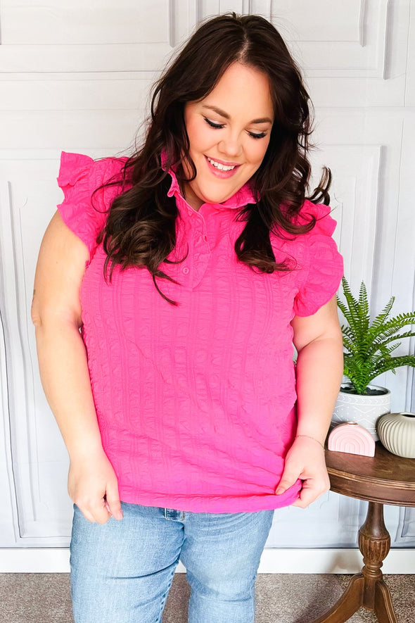 Glamorous In Hot Pink Textured Ruffle Mock Neck Button Down Top