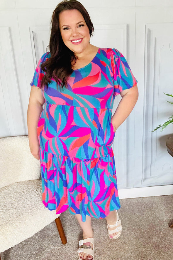 Remember Me Blue & Fuchsia Geo Print V Neck Dress