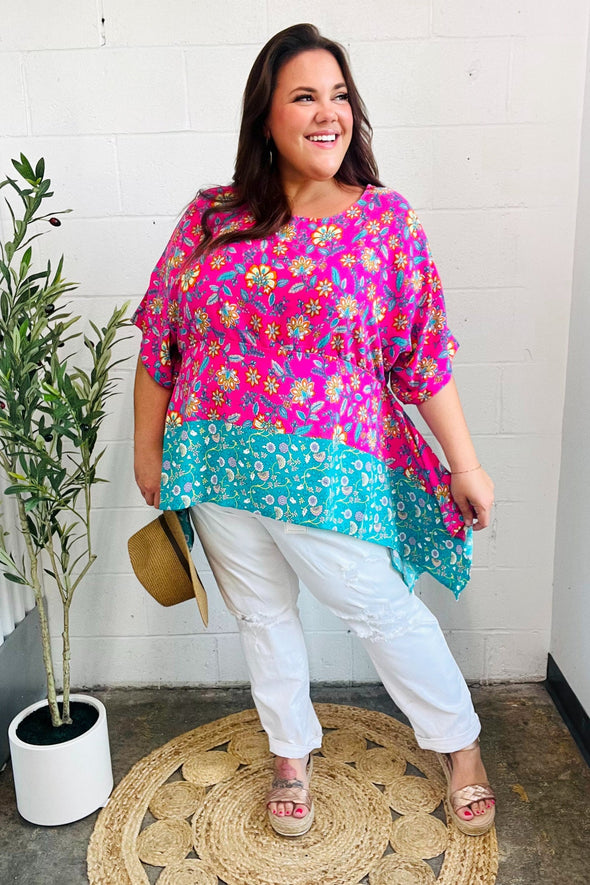 Vacay Ready Fuchsia Paisley Floral Dolman Sleeve Shark Bite Top