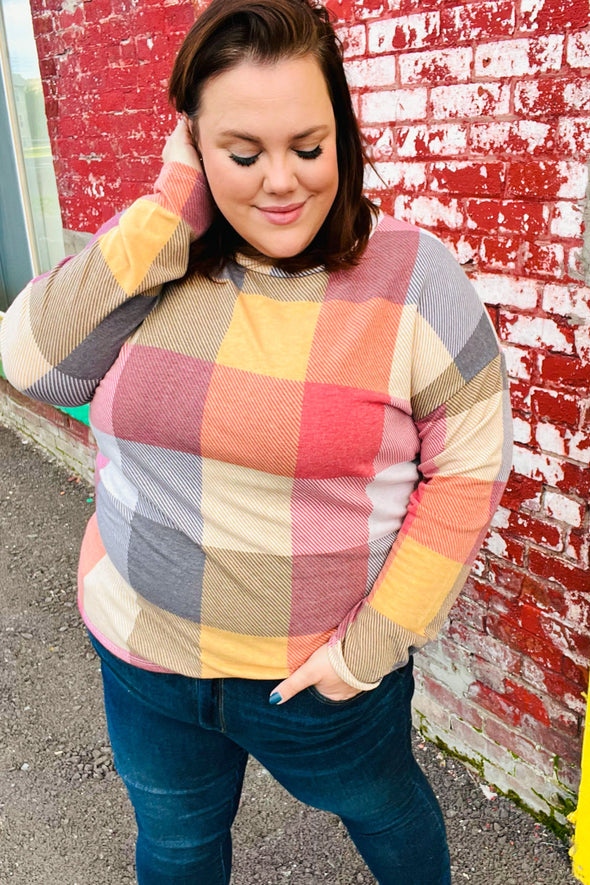 Haptics Gorgeous In Rust Checker Plaid French Terry Top
