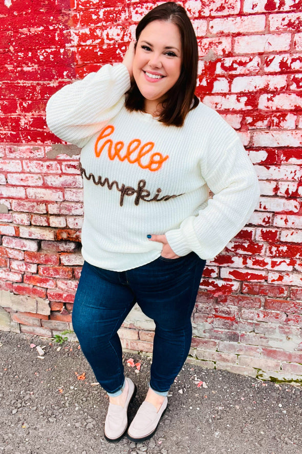 Haptics Spotlight Lurex Embroidered Neon "Hello Pumpkin" Chunky Sweater