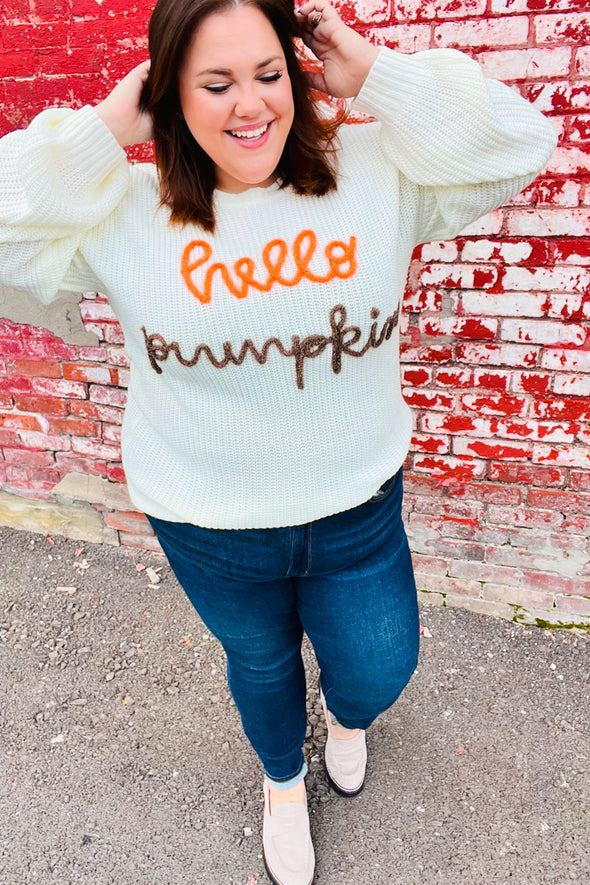 Haptics Spotlight Lurex Embroidered Neon "Hello Pumpkin" Chunky Sweater