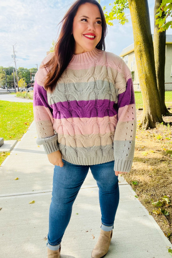 Fall For You Mauve Multicolor Stripe Cable Knit Mock Neck Sweater