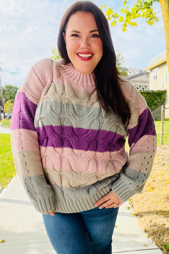 Fall For You Mauve Multicolor Stripe Cable Knit Mock Neck Sweater