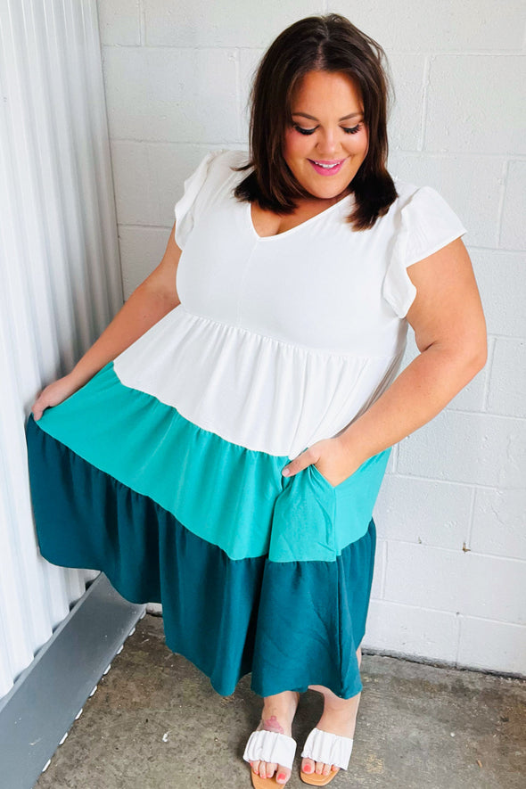 Haptics Seafoam & Emerald Tiered Frill Sleeve Midi Dress