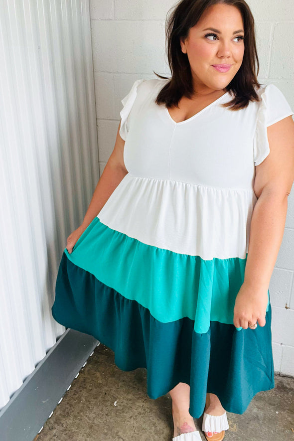 Haptics Seafoam & Emerald Tiered Frill Sleeve Midi Dress