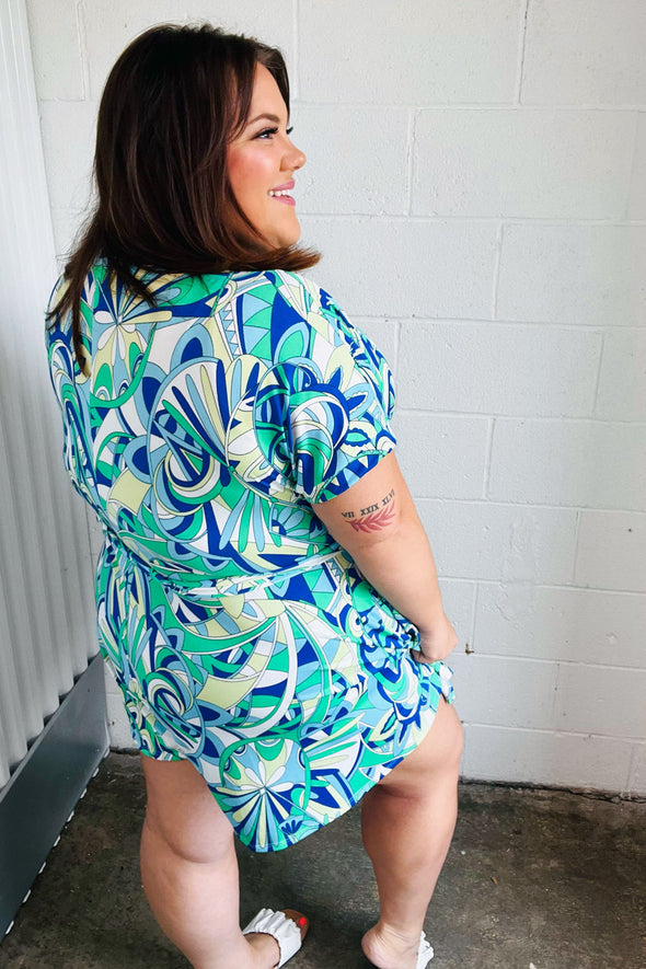 Green & Blue Geometric Print Surplice Romper