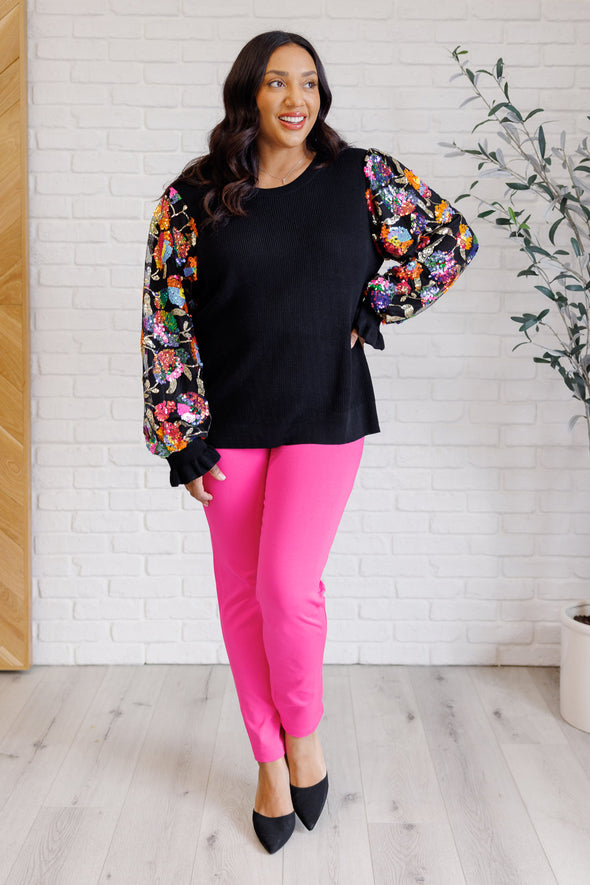 She Is The Party Floral Sequins Mesh Sleeve Top