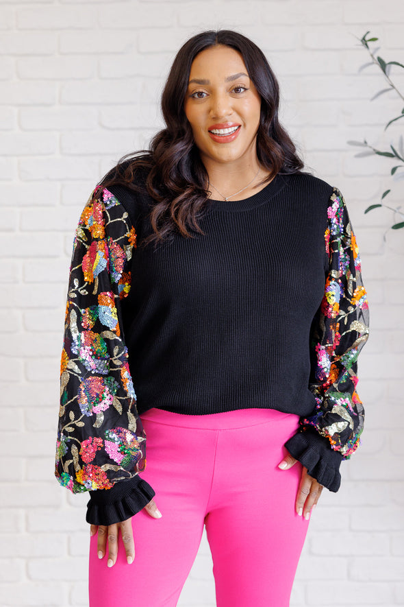 She Is The Party Floral Sequins Mesh Sleeve Top