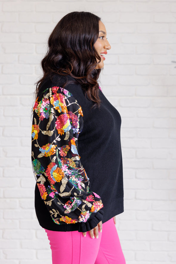 She Is The Party Floral Sequins Mesh Sleeve Top