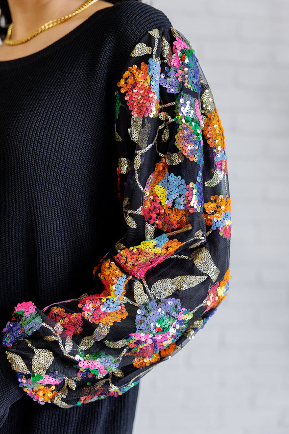 She Is The Party Floral Sequins Mesh Sleeve Top